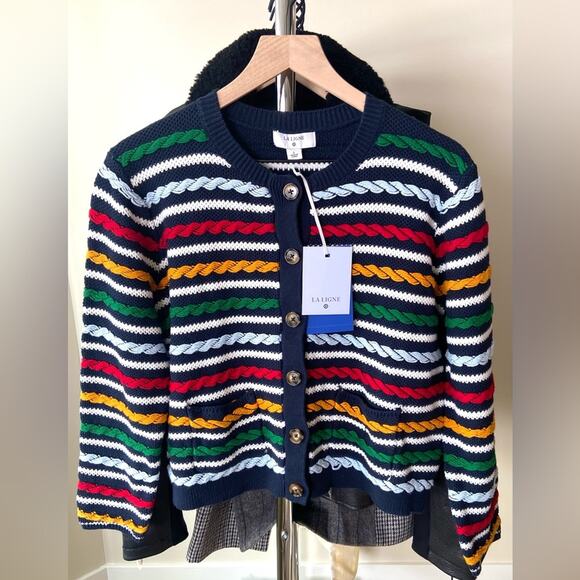 1X 🔖 LA LIGNE x Target Women's Textured Striped Cardigan Sweater Navy Red - Picture 1 of 16